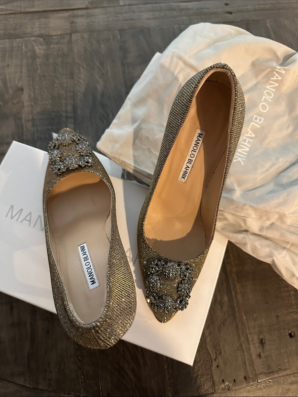 Manolo Blahnik Gold Jeweled Pointed-Toe Pumps